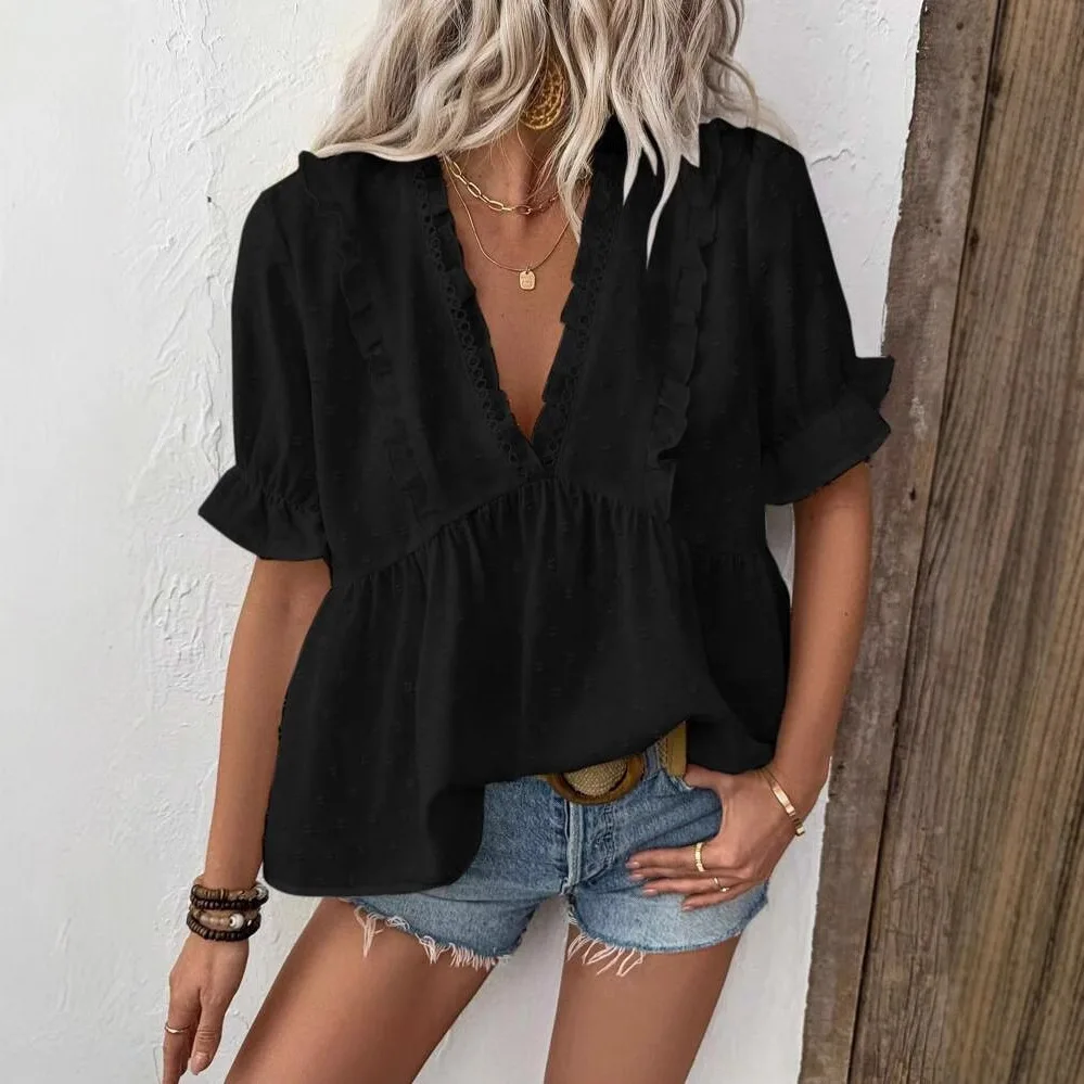 Blusa blanca holgada informal de verano para mujer, Tops y camisas de encaje de media manga con volantes y cuello en V a la moda, blusas elegantes para mujer 2025