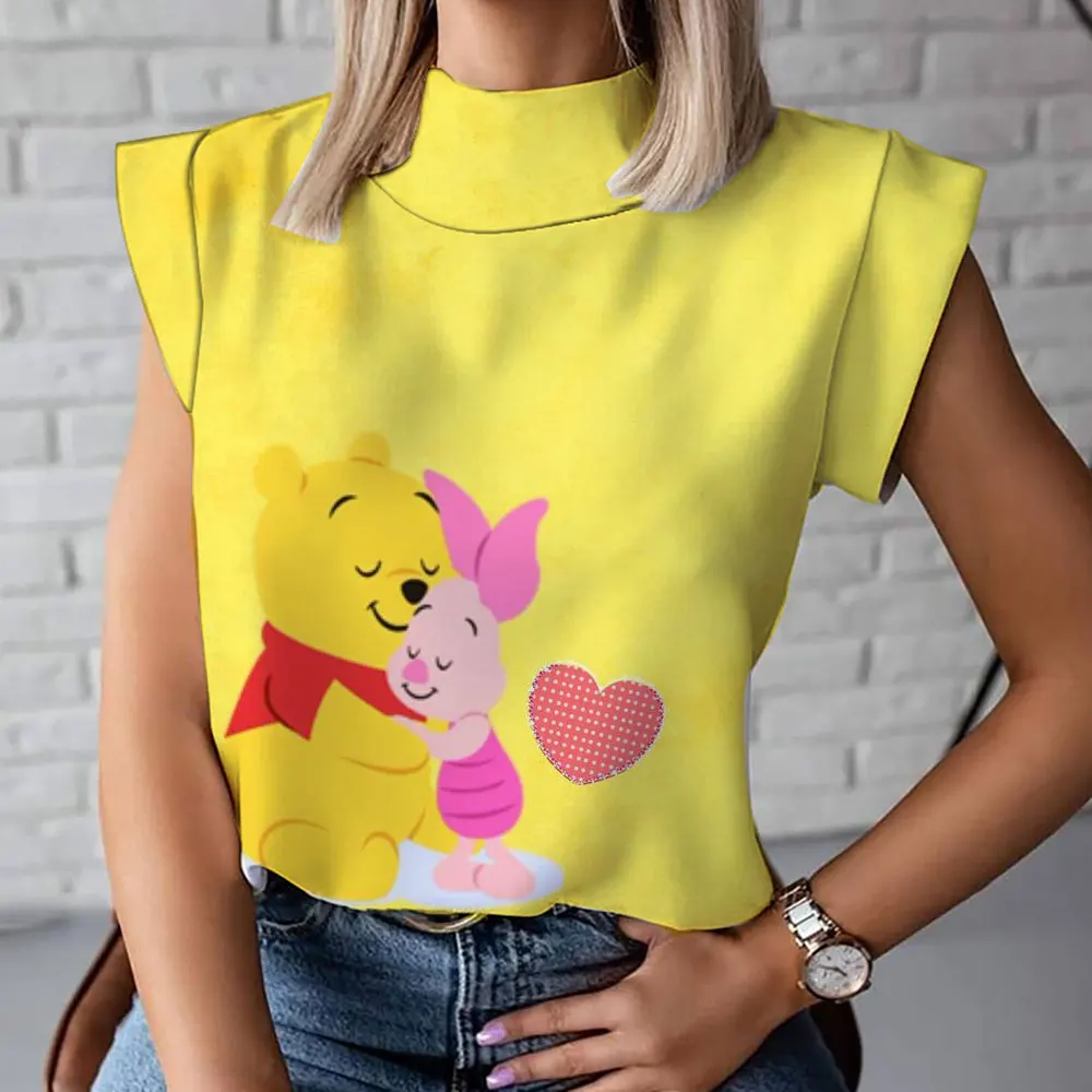 Harajuku Street New Casual Versatile Cute Winnie the Pooh Anime Print 2023 Summer Women\'s High Collar T-Shirt Vest y2k