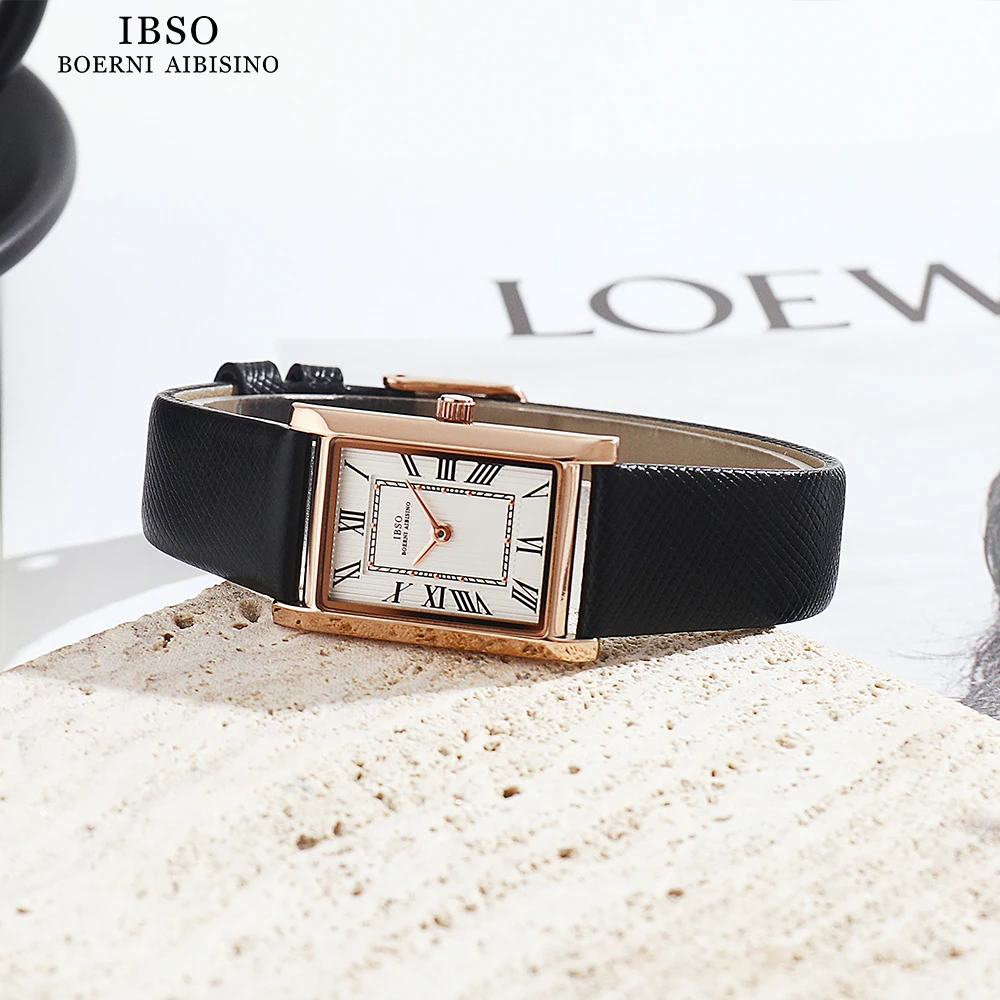 IBSO Ultra-Thin Slim Women Watches Japanese Seiko Movement Y120 Rectangle Dial Genuine Leather Strap 30m Waterproof Women\'s Gift