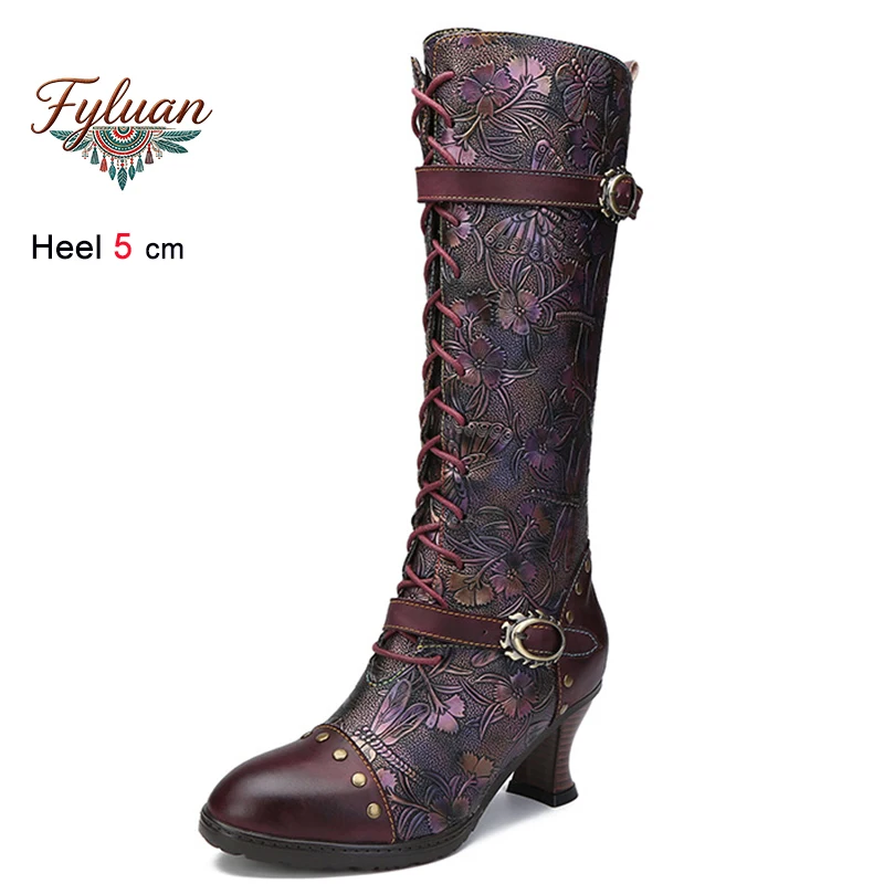 

Autumn Winter Retro Embossing Genuine Leather Women's Knee High Boots Alien Heels Loop Buckle Lace Up Zipper Ladies Pumps Shoes