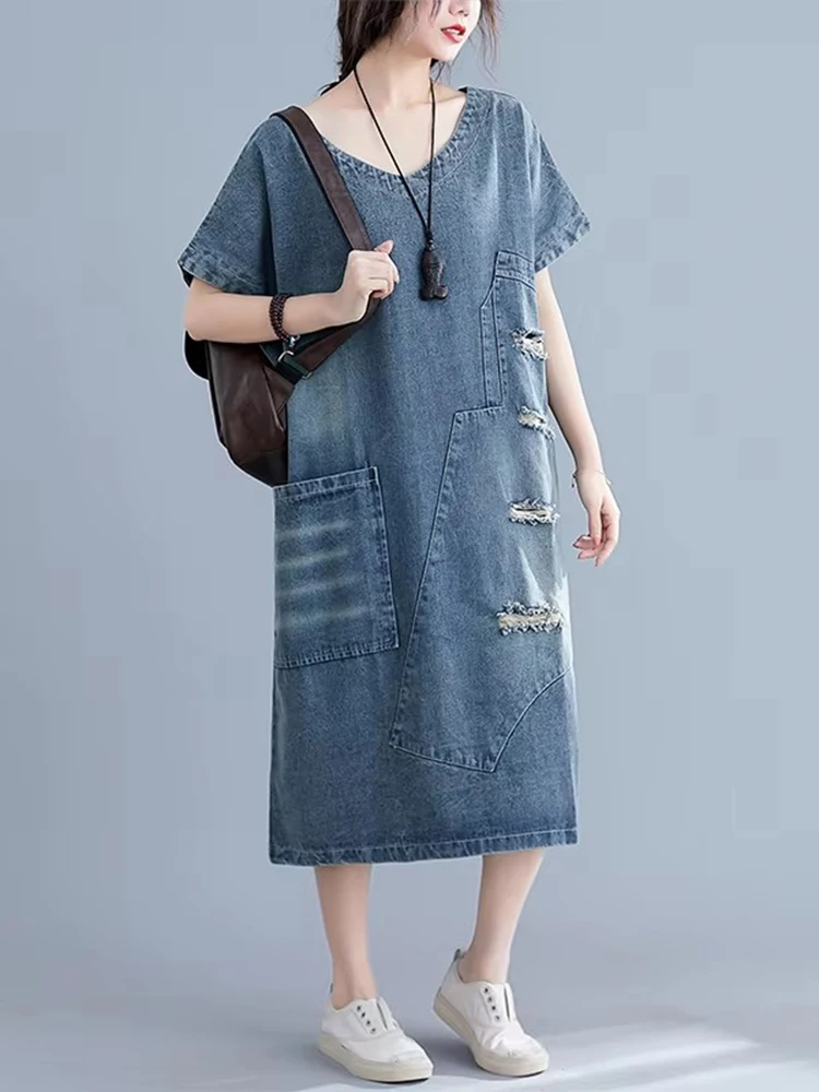 Amax luluE Letnia Koreańska Stylizacja Damska Punkowa Odzież Uliczna Długie Podarte Ubrania Damskie Jeansowe Sukienki Oversize Vintage Dziury Vestidos — zdjęcie 7