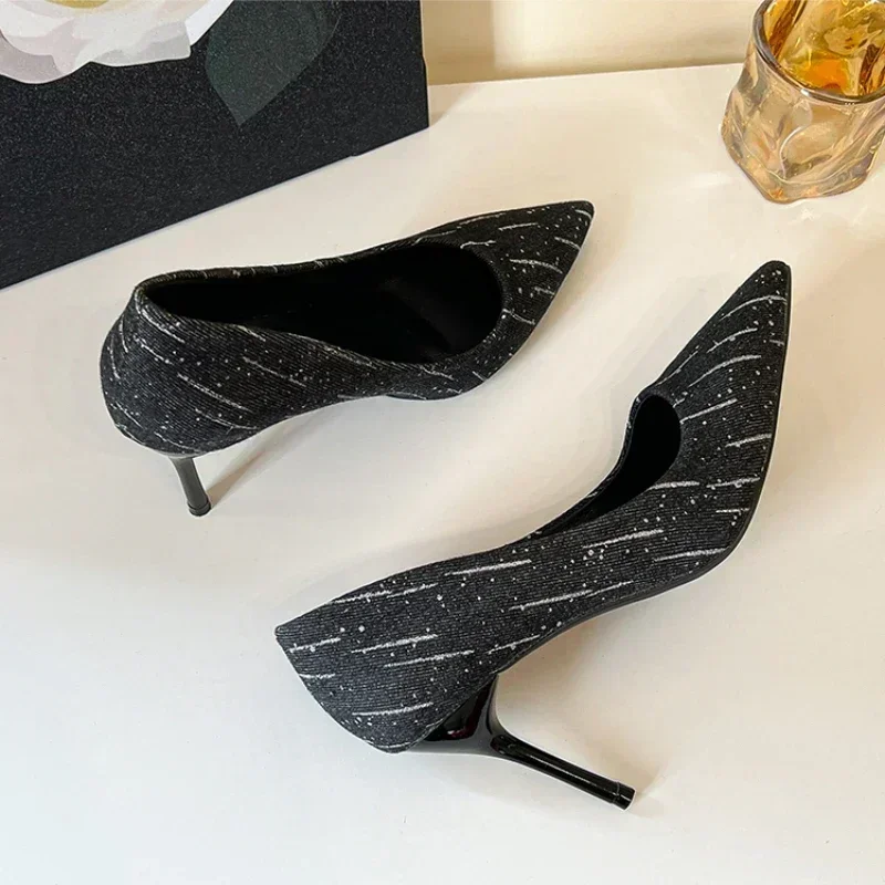 Plus Size Shoes Fashion Women Summer High Heels Wedding Shoes Denim Pointed Stiletto Heel Work Shoes 8cm High Heels