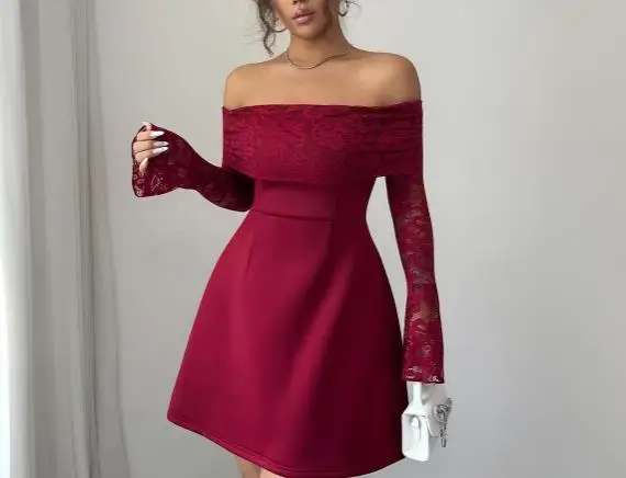 

Women's Dress 2025 New Fashion Casual Autumn/winter Elegant Style Sexy Strapless Lace Long Sleeved Party Evening Dress for Women