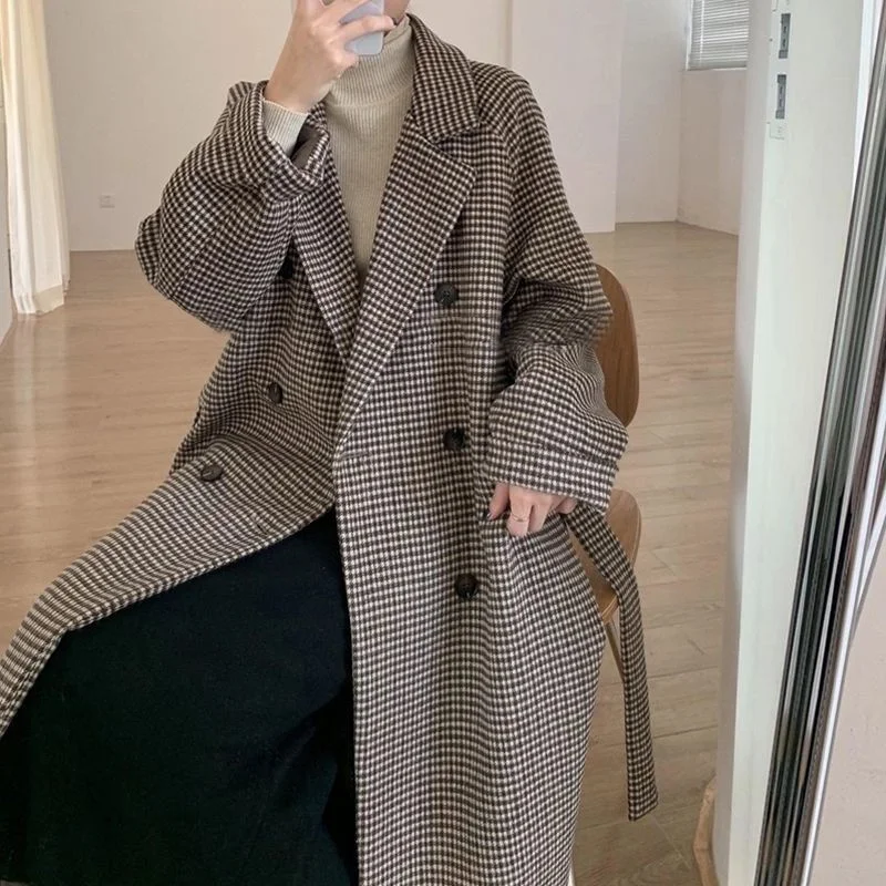 WOMEN WOMEN\'S WOOL COAT 2023 Autumn/Winter New Korean Fashion Loose Fit Mid length Thousand Bird Plaid Pattern WOMEN\'S COAT COAT