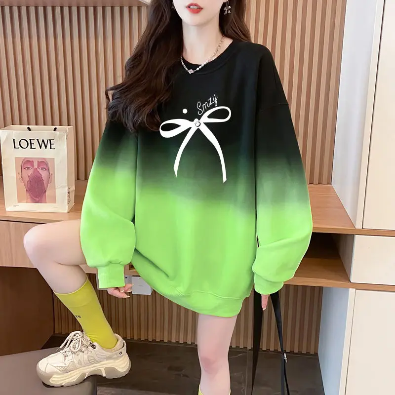 Korean Version Bow Women\'s 2024 Spring and Autumn New Splicing Pullovers O-Neck Print Gradient Loose Casual Long Sleeved Hoodies