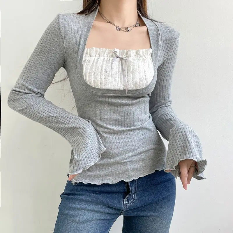 Ribbed T-Shirt Tops Y2k 2000s Women Fairy Chic Versatile Clothing Long Sleeve Square Tie Bow Decoration Elegant Streetwear