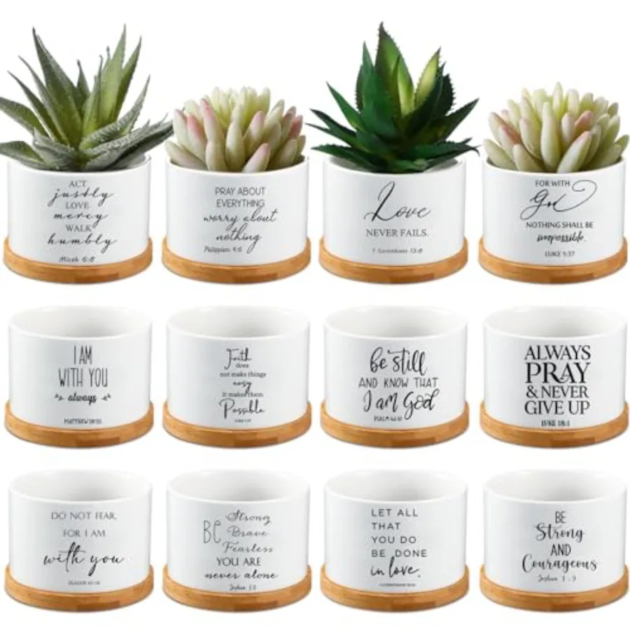 

Набор из 24 белых керамических горшков для суккулентов с цитатами из Библии, диаметр 3,5 дюйма, с дренажем, с бамбуковым поддоном, для маленьких растений, Chrian