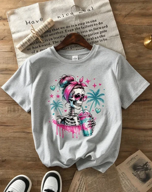 2026 Fashion New Women Summer Crew Neck Short Sleeve T Shirt Skeleton Messy Bun Iced Drink Pink Blue Palm Tree Beach Graphic Y2K Aesthetic Daily Casual Basic Top Tee