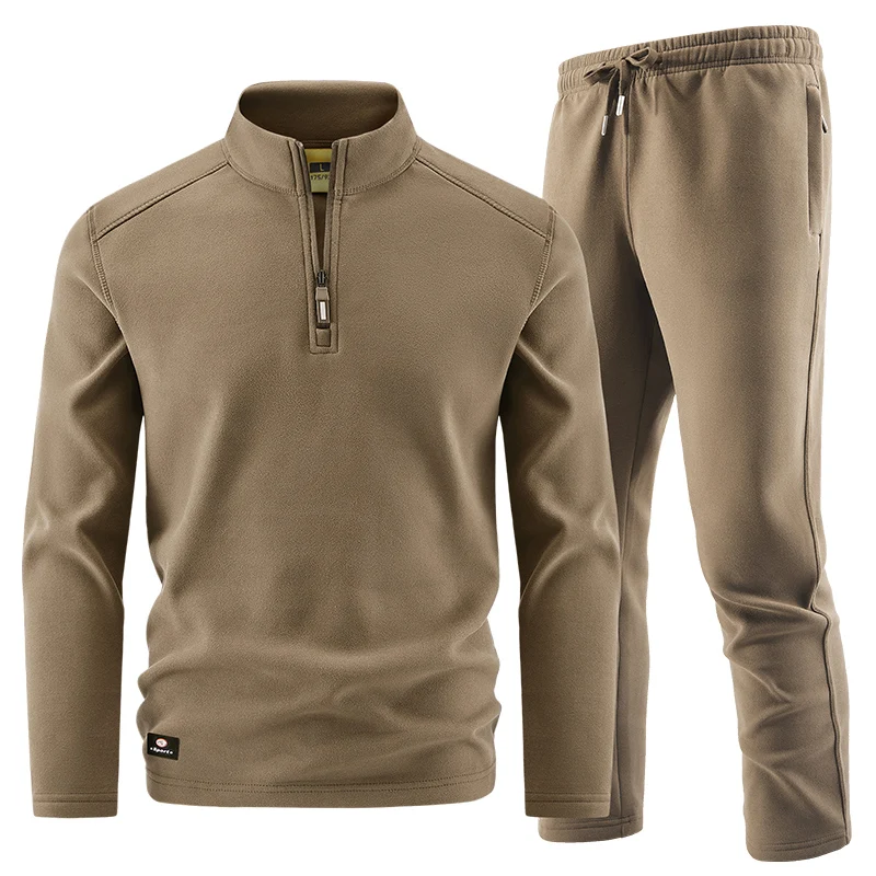 New Winter Sportswear Set Mens Retro Training Thick Fleece Jacket + Pants Two Piece Set Casual Ski Running Tracksuit Suit