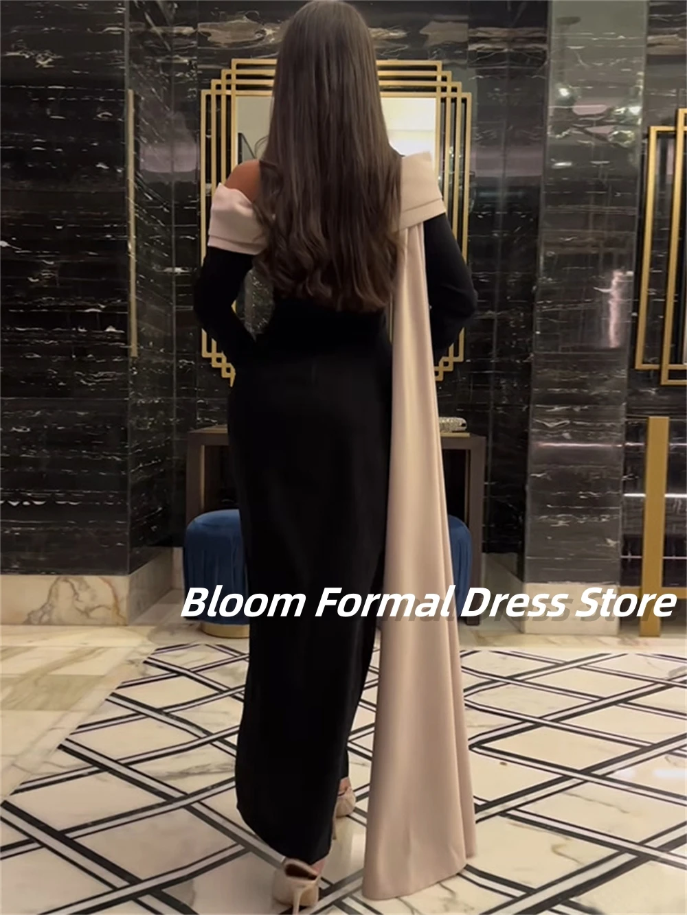 Bloom Off Shoulder Ruffles Formal Evening Dresses Long Sleeves Black A-line Elegant Formal Wedding Party Dresses For Prom