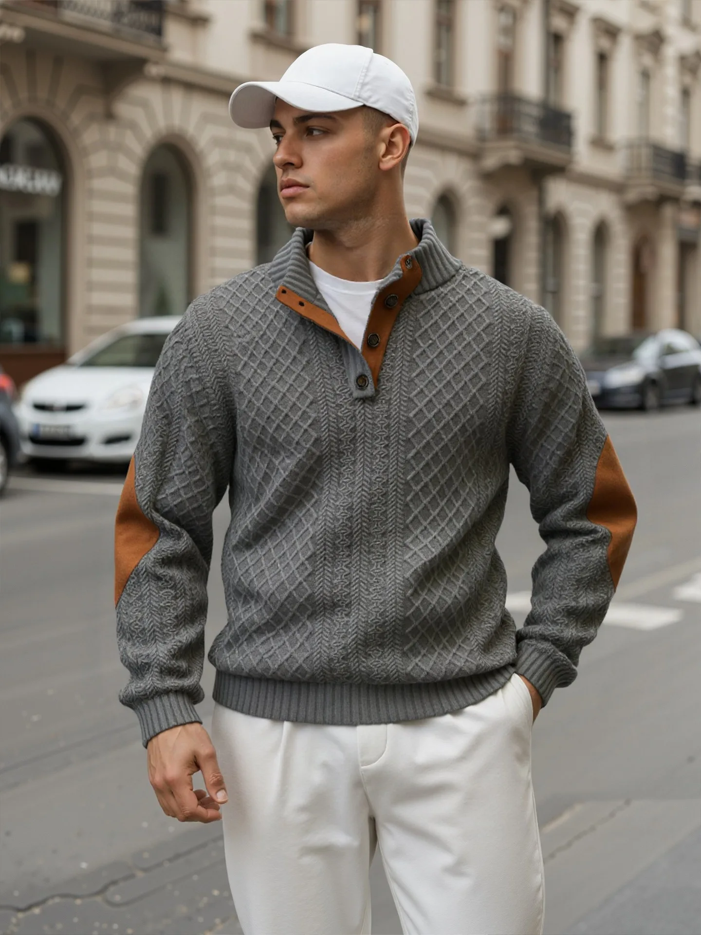 Moletom com capuz de malha masculino primavera e outono jacquard manga longa camisa henley esportes, lazer, roupas masculinas soltas e elegantes