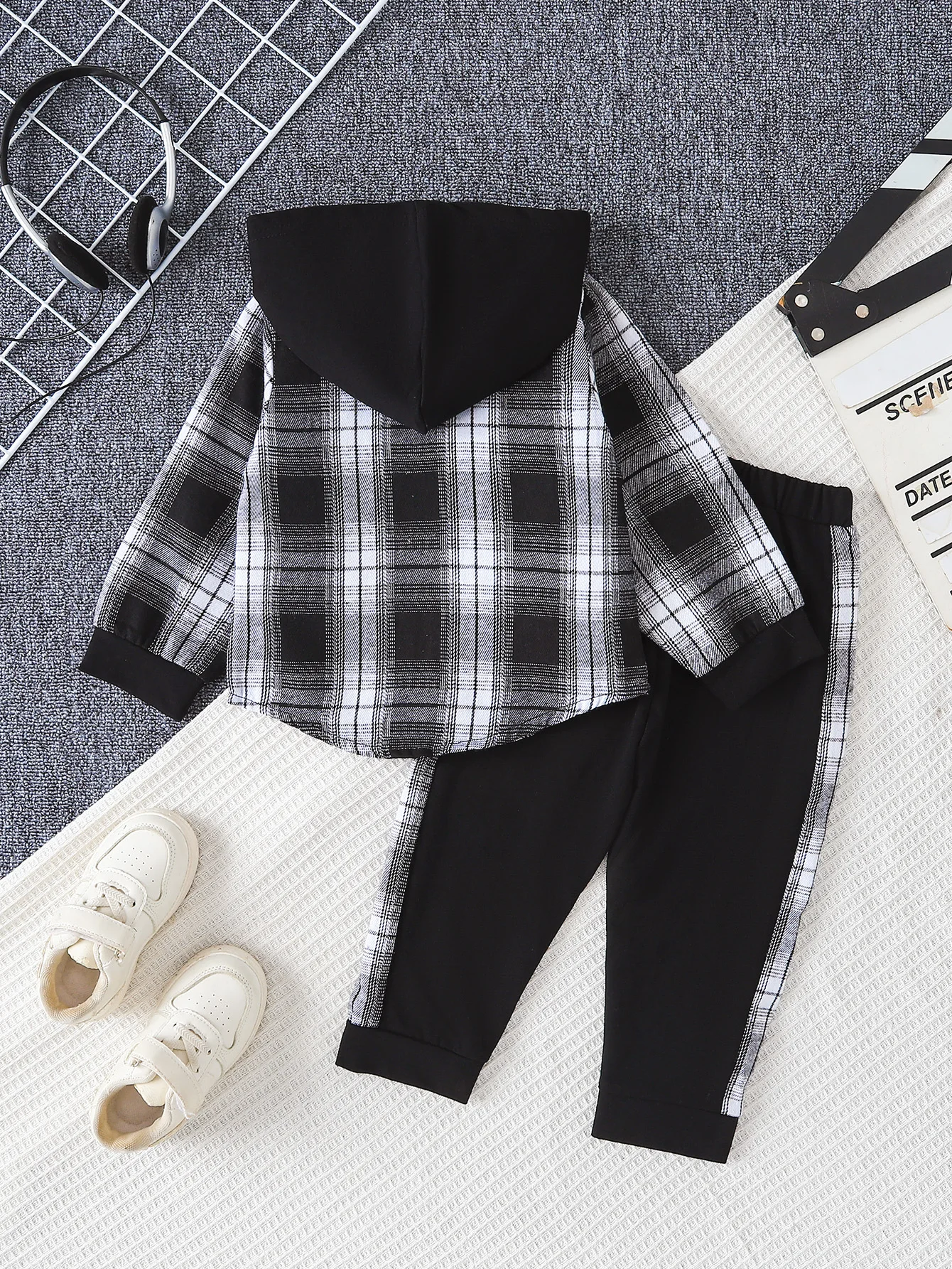 Black Friday Sale 2Pcs Boys Outfit, 1-5Y Plaid Hooded Shirt & Jogger Pants Set, Trendy Kids Clothing
