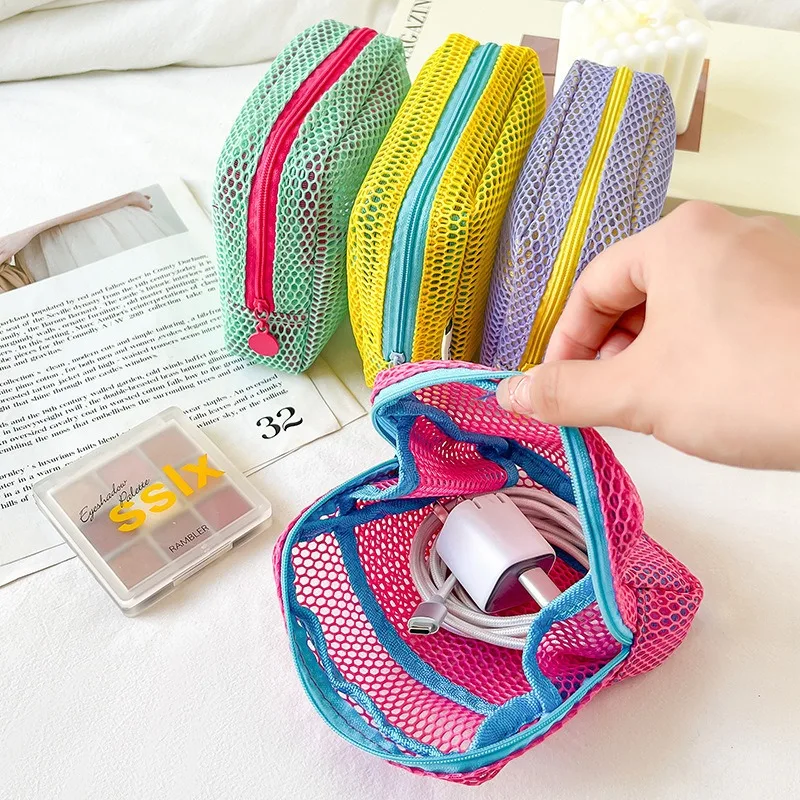 Stylish Mini Grid Capacity Square Mesh Storage Pouch, Cosmetic Key Coin Purse Mini Zipper Bags, Women Stationery Case Cute Gifts