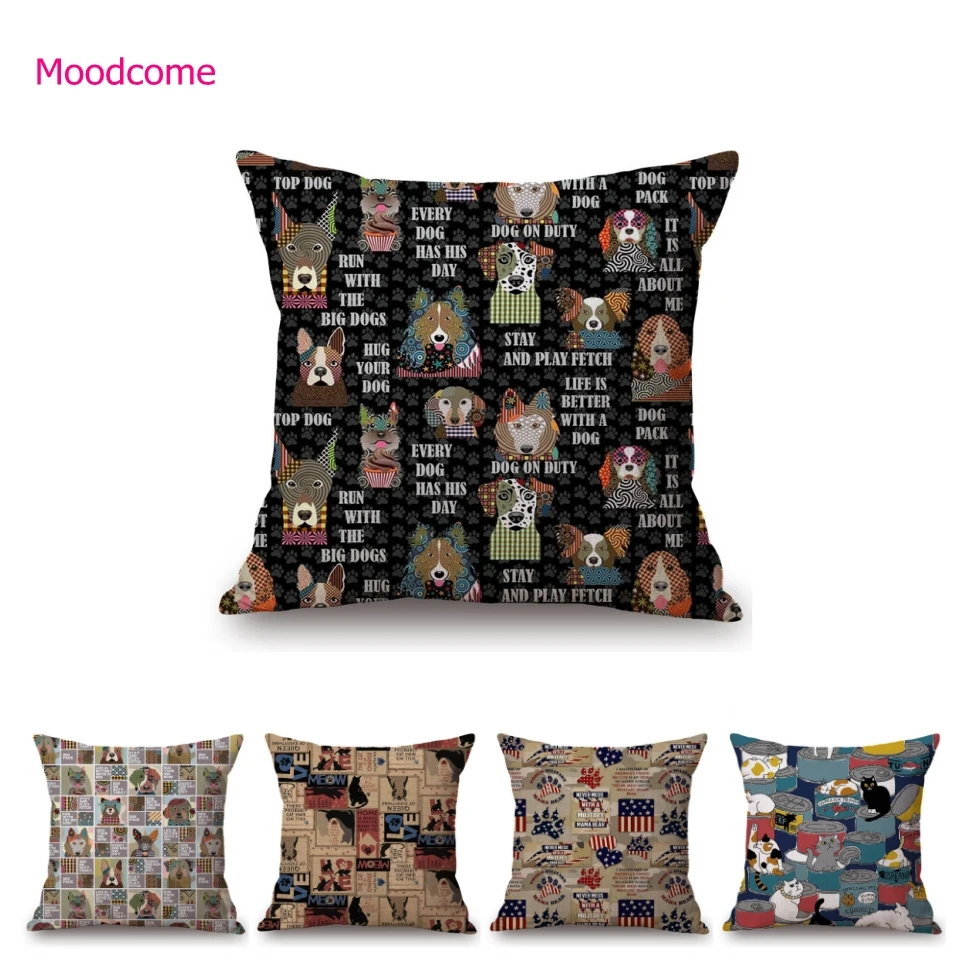Vintage Lovely Dog Theme Art Cute Dog Pattern Children Room Decoration Cotton Linen Pillow Case Sofa Chair Cushion Cover