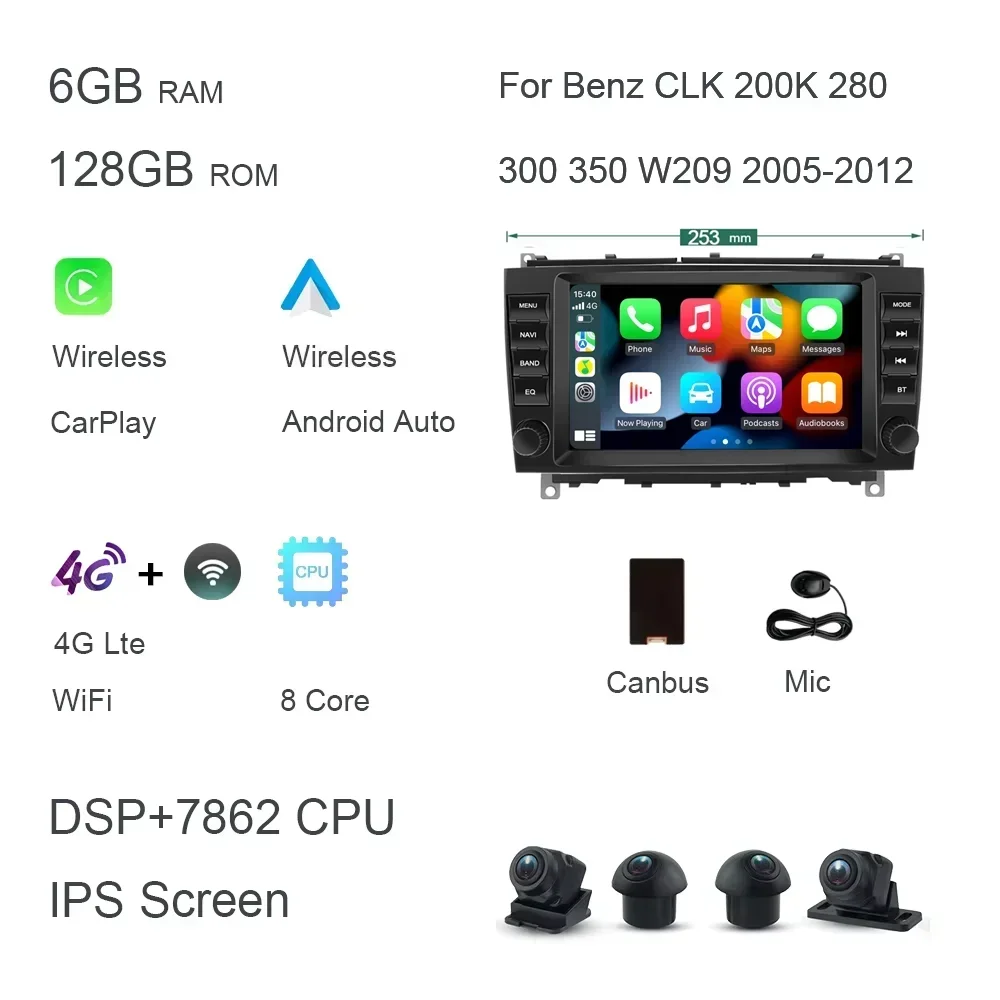 720P Carplay 8 "Android 14.0 8G + 256G Auto Dvd-speler Autoradio GPS navigatie Voor Benz CLK 200K 280 300 350 W209 2005-2012 Radio