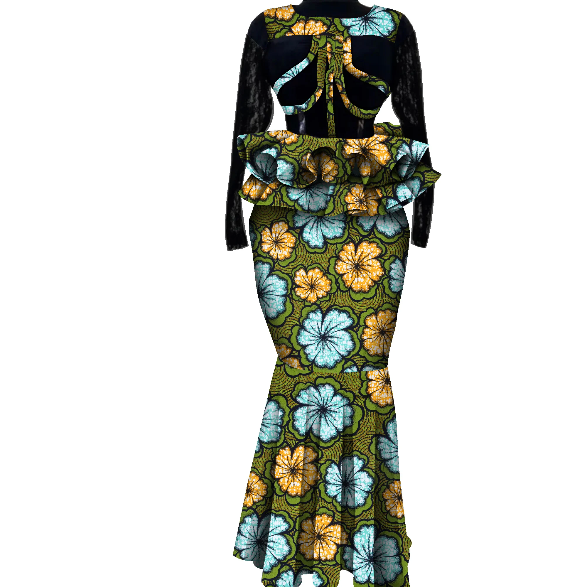 Conjunto de falda de 2 piezas para mujer, ropa con estampado africano, conjunto de top y falda de retazos, ropa de fiesta de boda de manga larga KG1324