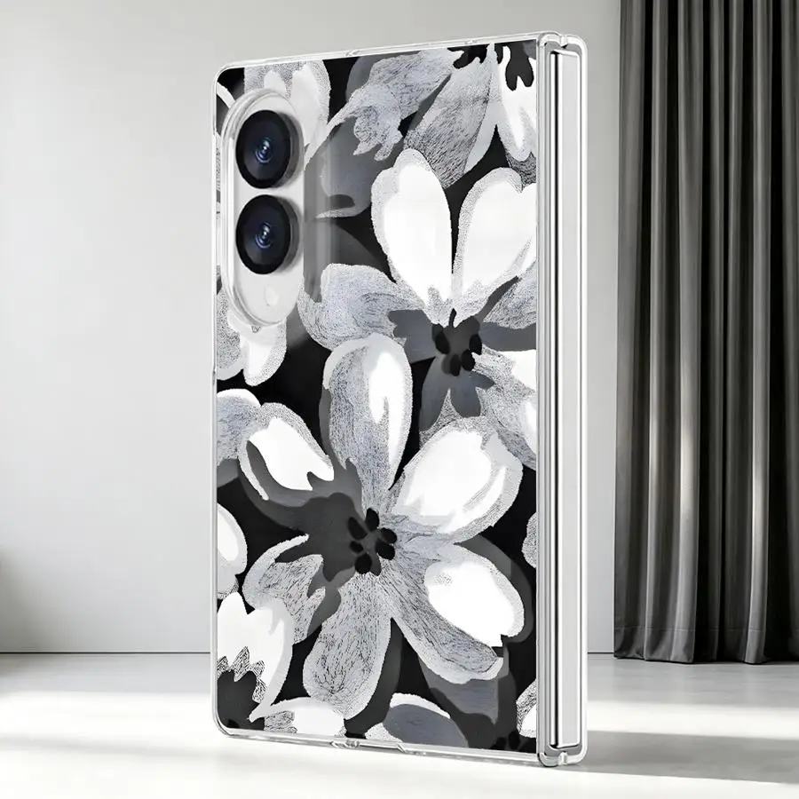 Case for Samsung Galaxy Z Fold 8 ZFold 8 PC Hard Luxury ZFold8 Transparent Phone Cover Monochrome White Blooms
