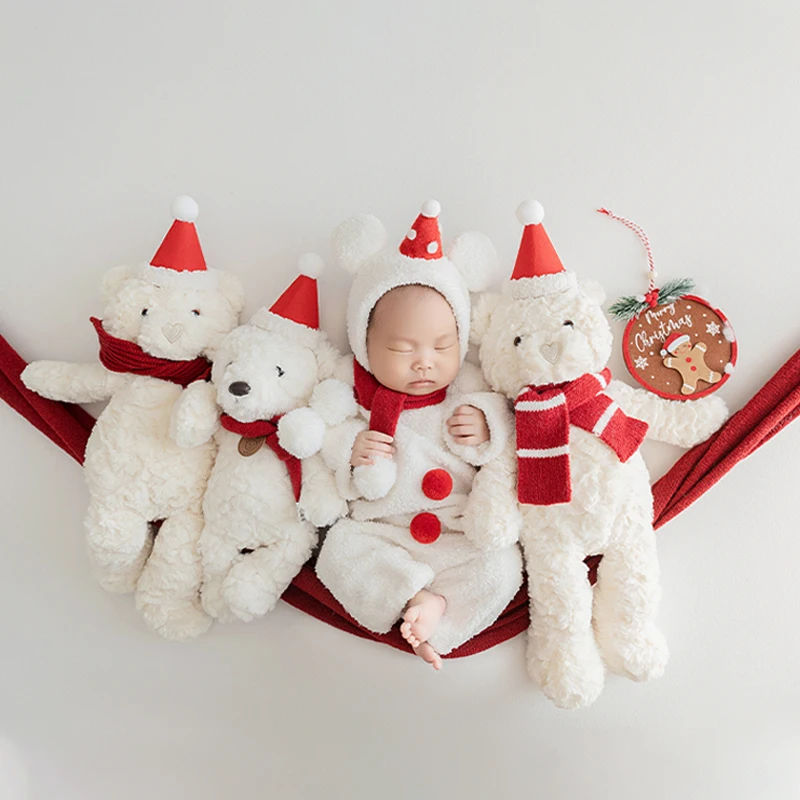 Tuta natalizia per neonato Puntelli per fotografia neonato 0-1 mesi Abito caldo per bambino con cappello, orsacchiotto in posa per bambola Servizio fotografico in studio