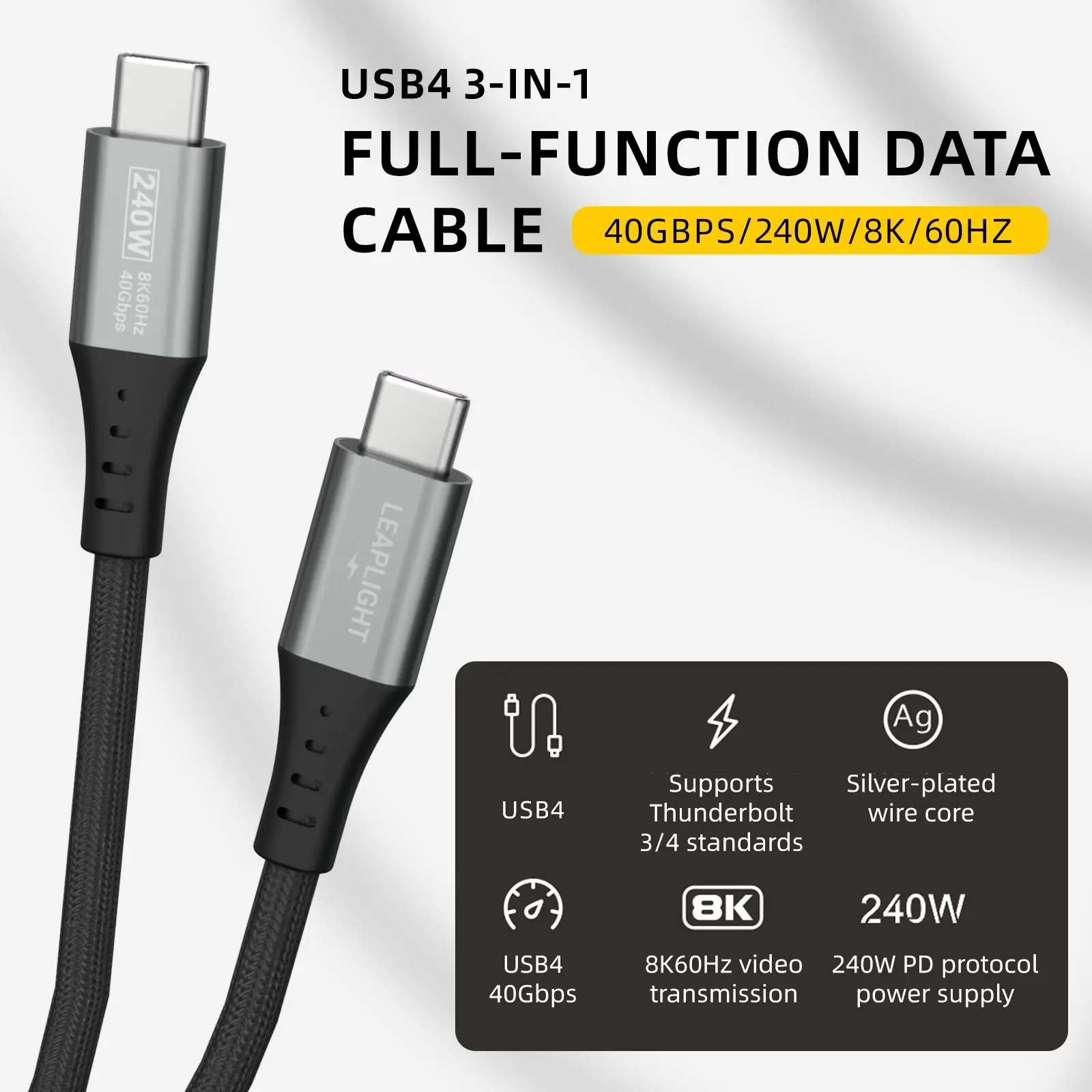 USB4 C to C USB PD3.1 240W Fast Charging Cable 40GBPS 8K/60HZ Supports Thunderbolt Wire Core for Phones Tablets