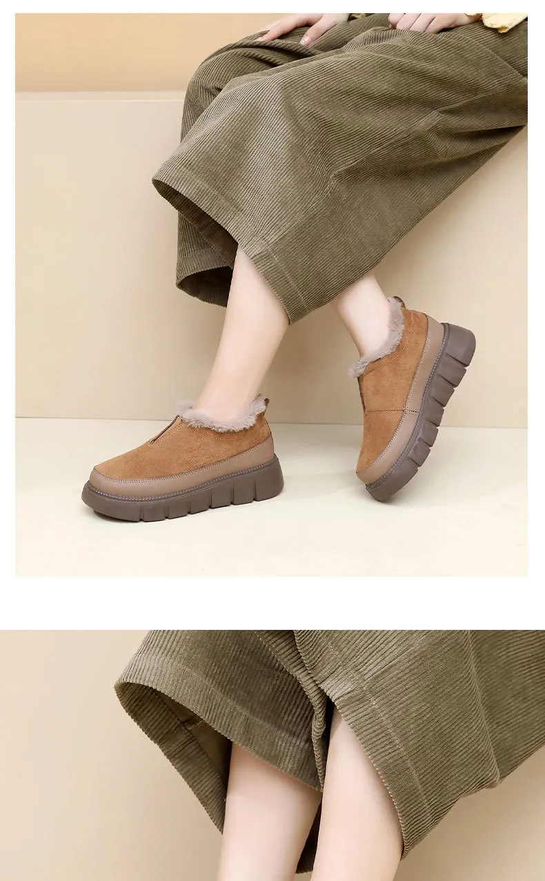 Damen Winter Warme Plüschgefütterte Schneeschuhe Wildleder-Obermaterial Reißverschluss Dicke Plattform Rutschfeste Lässige Knöchelhohe Baumwollstiefel – Detail 8