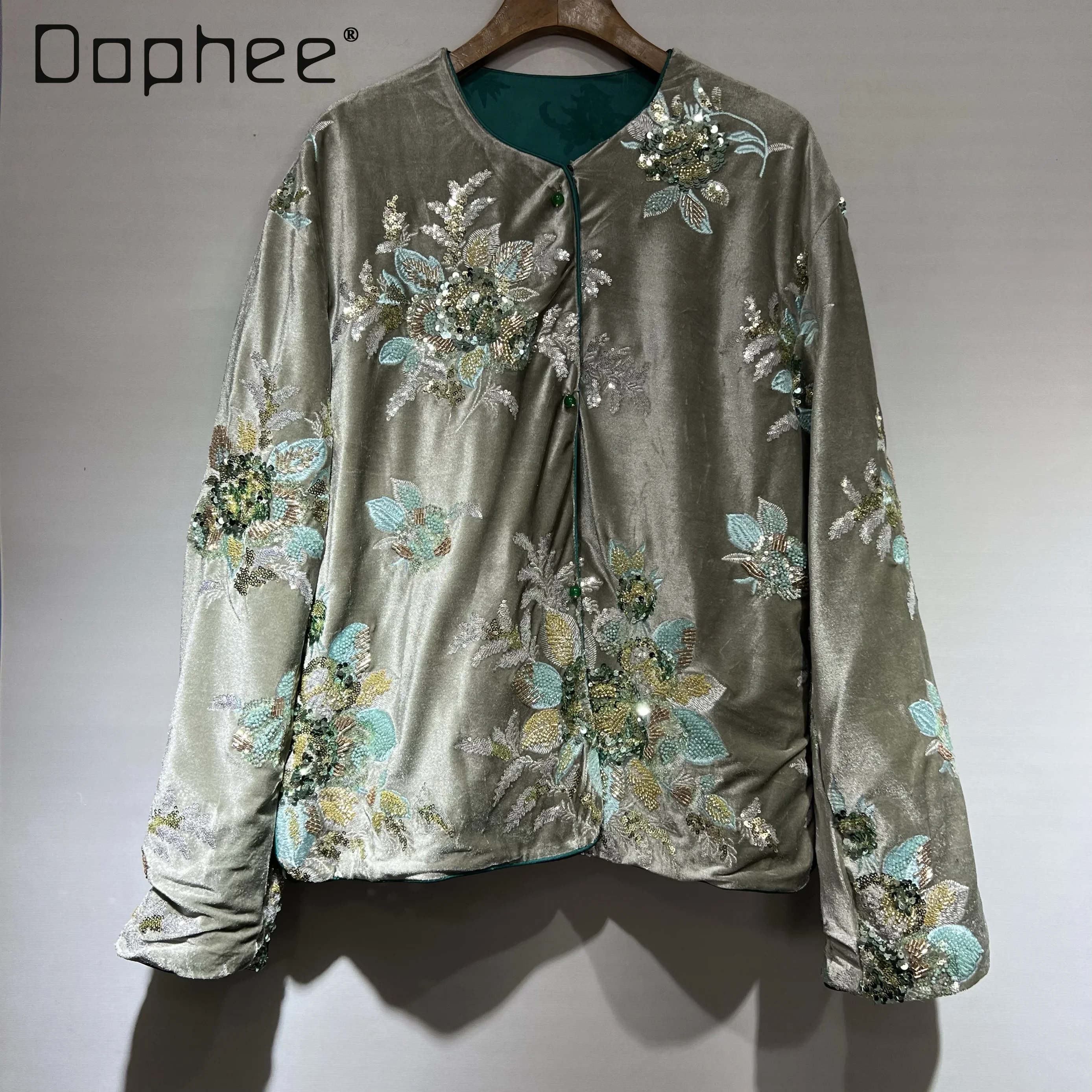 Flower Embroidered Sequined Jacket Women Heavy Industry Retro Green Beading Loose O Neck Long Sleeve Cardigan Coat Spring Autumn