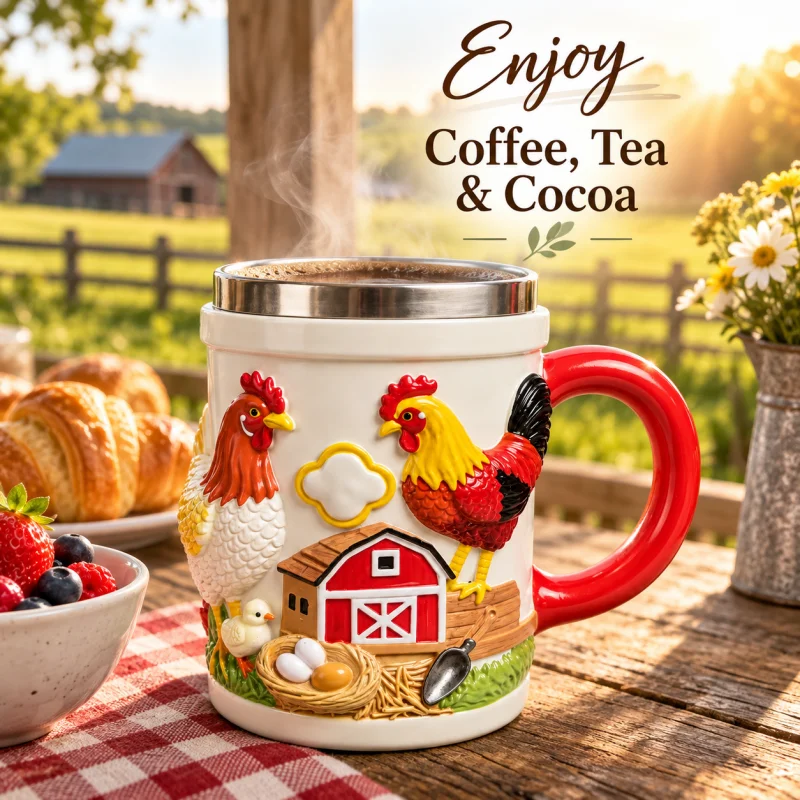 Farmhouse Rooster Chicken Mug 3D Resin Coffee Cup Country Kitchen Decor Novelty Drinkware Gift for Farm Animal Lovers