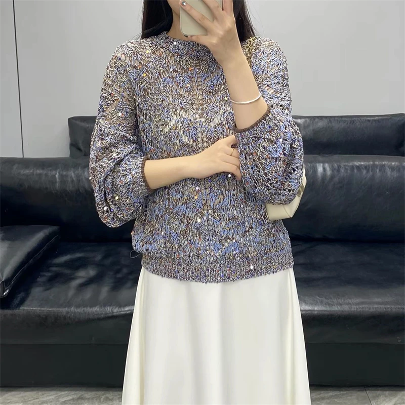 Autumn New Women's Round Neck Retro Sequin Mixed Color Long Sleeve Knit Sweater High Quality Fashion Crochet Hollow Out Pullover