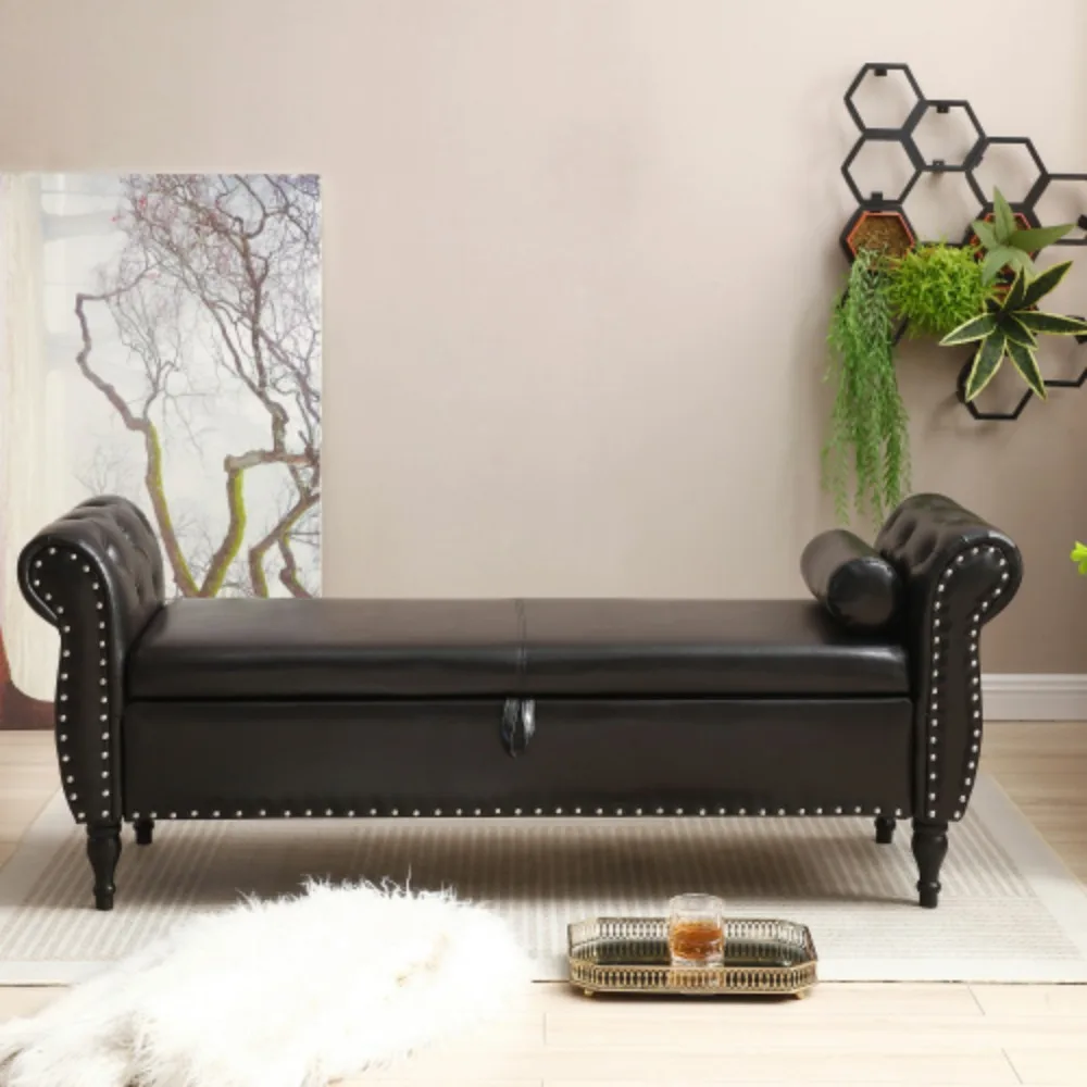 PU Upholstered End of Bed Bench, Flip Top Ottoman with Storage and 1 Pillow,Brown Sofa Stool, Tufted Nailhead Trimmed