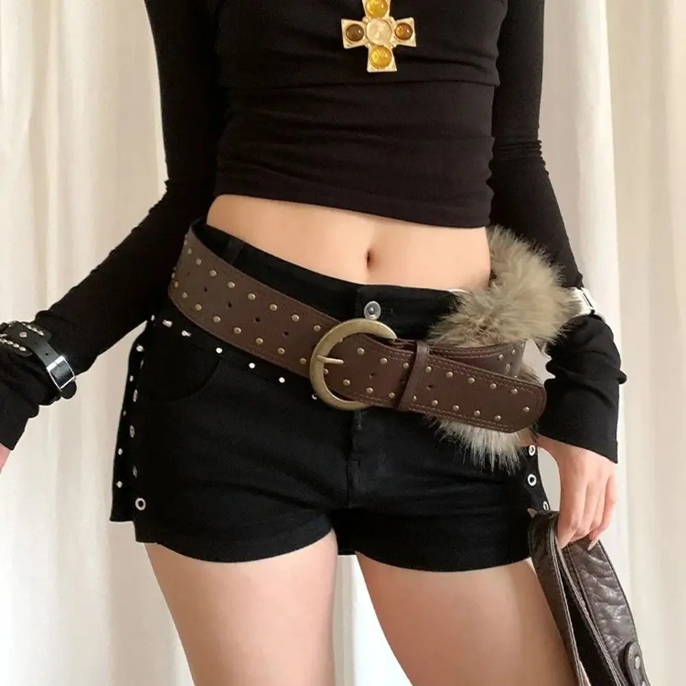 High Quality Retro Punk Belt Brown Faux Fur Women Belt Wide Rivet Fur Belt Women Waist Accessory