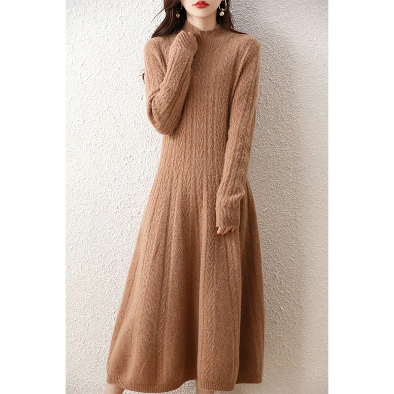 2022 Autumn Winter New Women Fashion Dress 100% Wool Thicken Warm Sweater Dress Long Sleeve Knit Pullover Female Casual Dresses