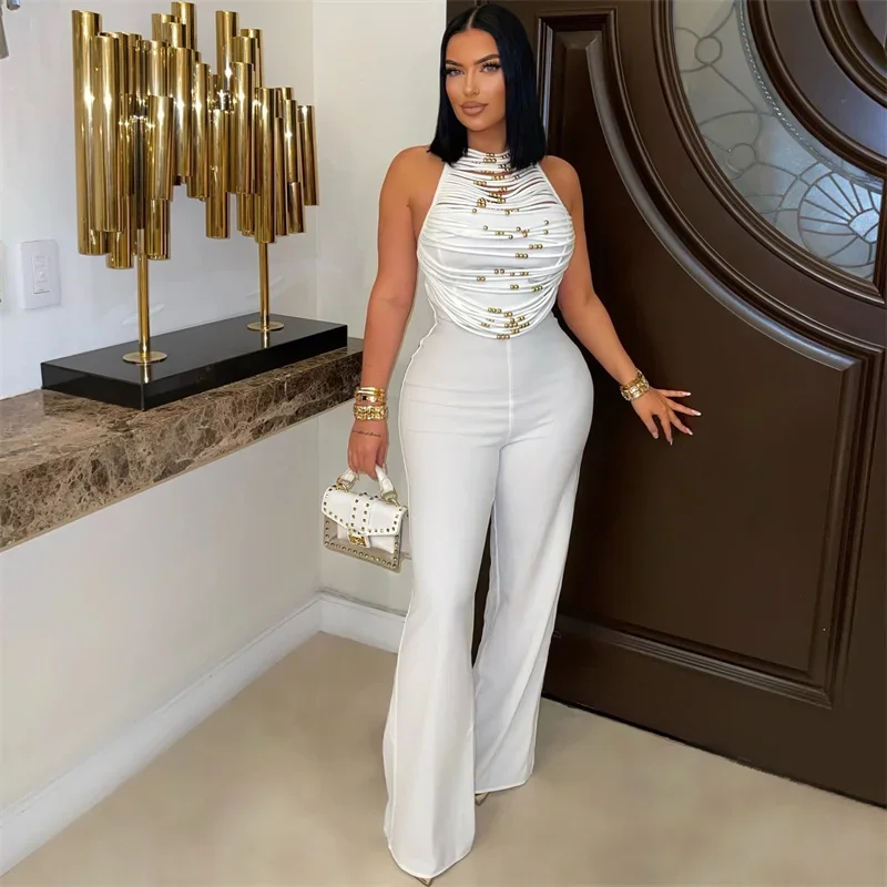 

Sexy Halter Backless Jumpsuits Woman Elegant High Waist Flare Pants Sleeveless Beading Ruched Party Romper Birthday Club Outfits