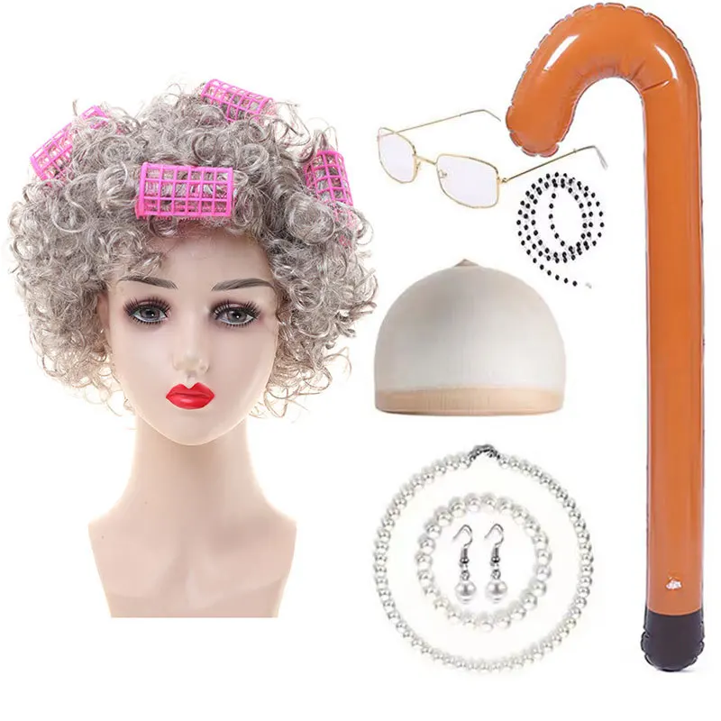 

Halloween COS Granny Holiday Wig Granny Short Hair Granny Curly Hair Elderly Wig Accessories Set
