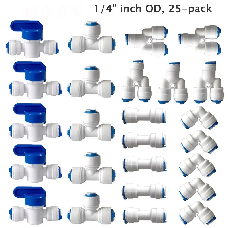1/4" 3/8" buitendiameter Quick Connect Push In RO Waterbuis Recht T-stuk Elleboog Kogelkraan Fittings Kit 10. 25 PACK