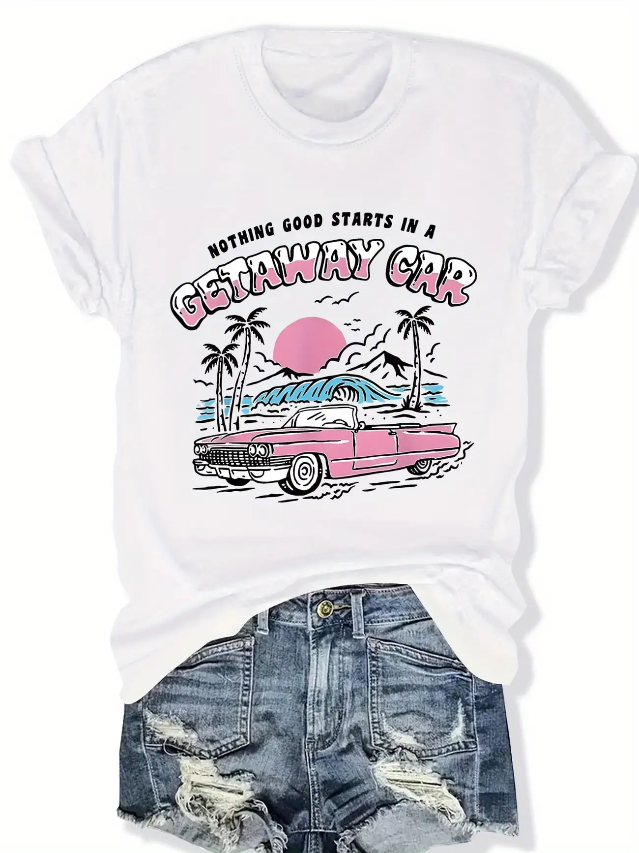 

Plus size women's short sleeve T-shirt Getaway Car Sunset Palm Trees breathable fabric summer outfits women's clothing