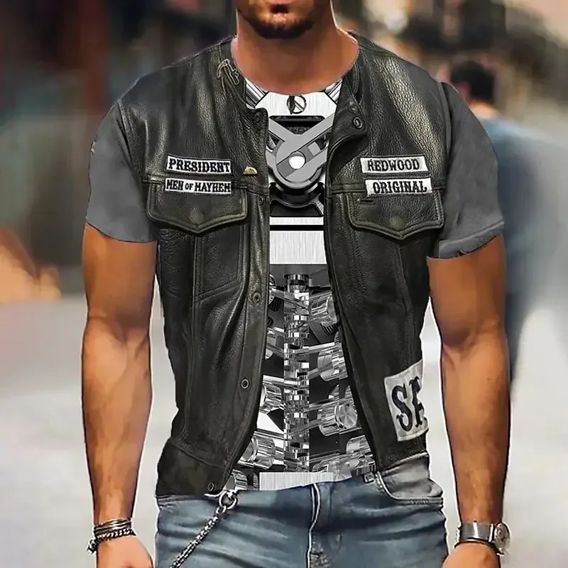 Men\'s Summer Vintage Classic Motorcycle Pattern T-Shirt 3d Printed O Collar Short Sleeve Street Personality Trend Plus Size Top