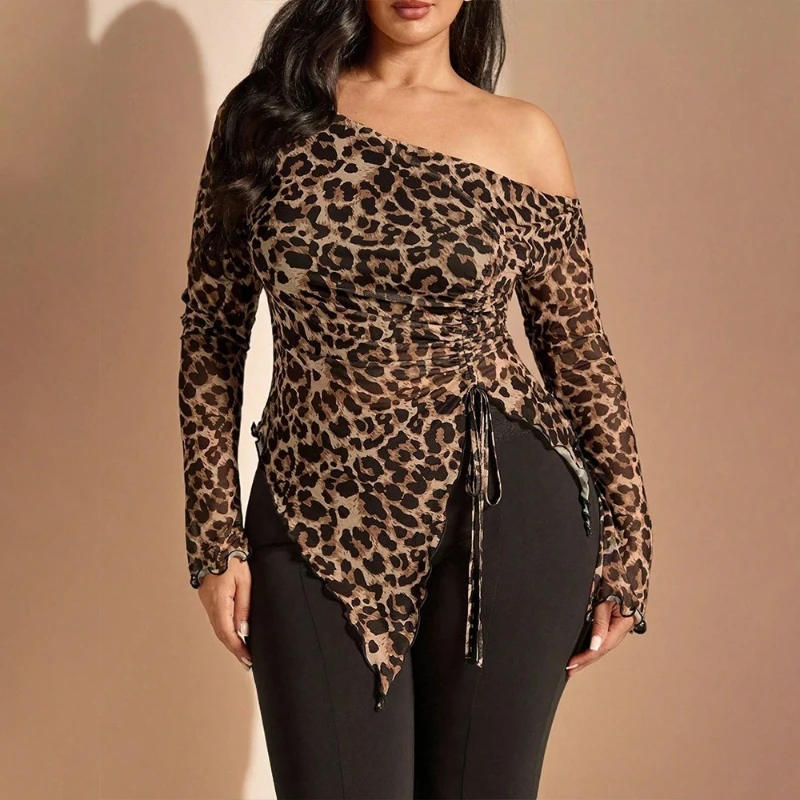 2026 Summer New Retro Plus Size Single-sided off Shoulder Leopard Print Drawstring Long Sleeved Top for Women