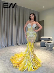 Luxury Feathered Mermaid Prom Dresses Beads Rhinestones Long Evening Dress For Women Strapless Custom Made Party Gown