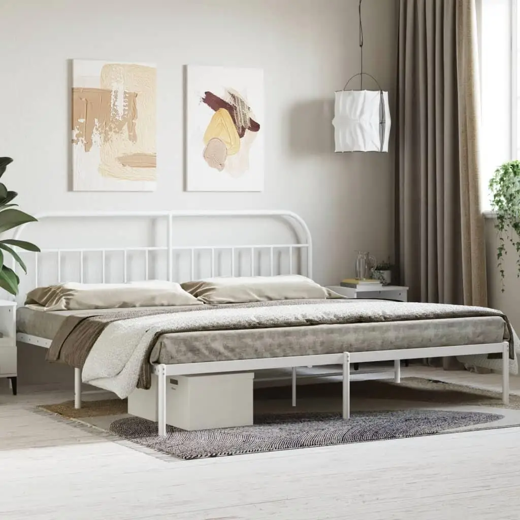 White Metal Bed Frame 200x200cm with Headboard - No Mattress Included, Stylish & Durable Design