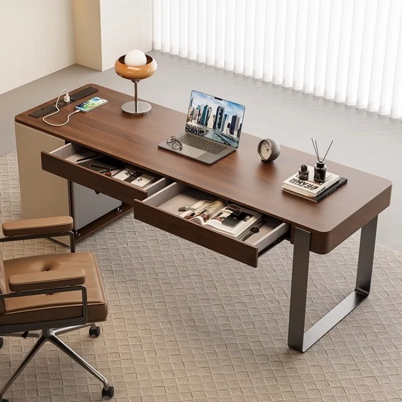 

Minimalist saddle leather solid wood desk desk to the living room walnut veneer large table light luxury computer