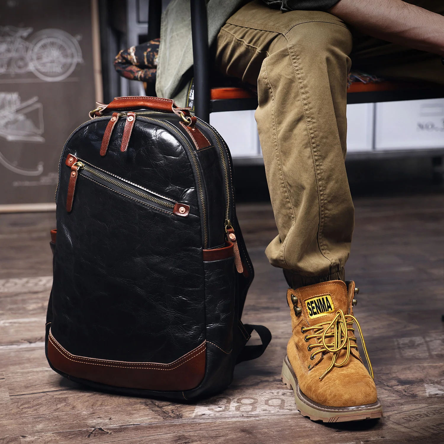S.WORKER Herren-Rucksack aus echtem Leder, hochwertiges Rindsleder, lässige Schultaschen, 15"-Laptop-Taschen, Reise-Tagesrucksack, Geschenk für Männer – Detail 5