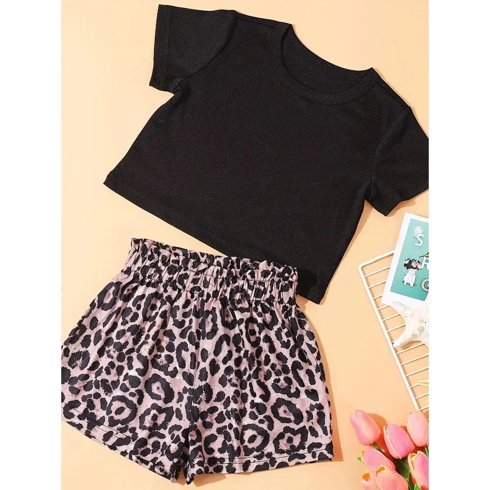 2PCS Girl's Trendy Outfit Ribbed T-shirt And Leopard Pattern Shorts Set Kid's Clothes For Summer kids boutique clothes