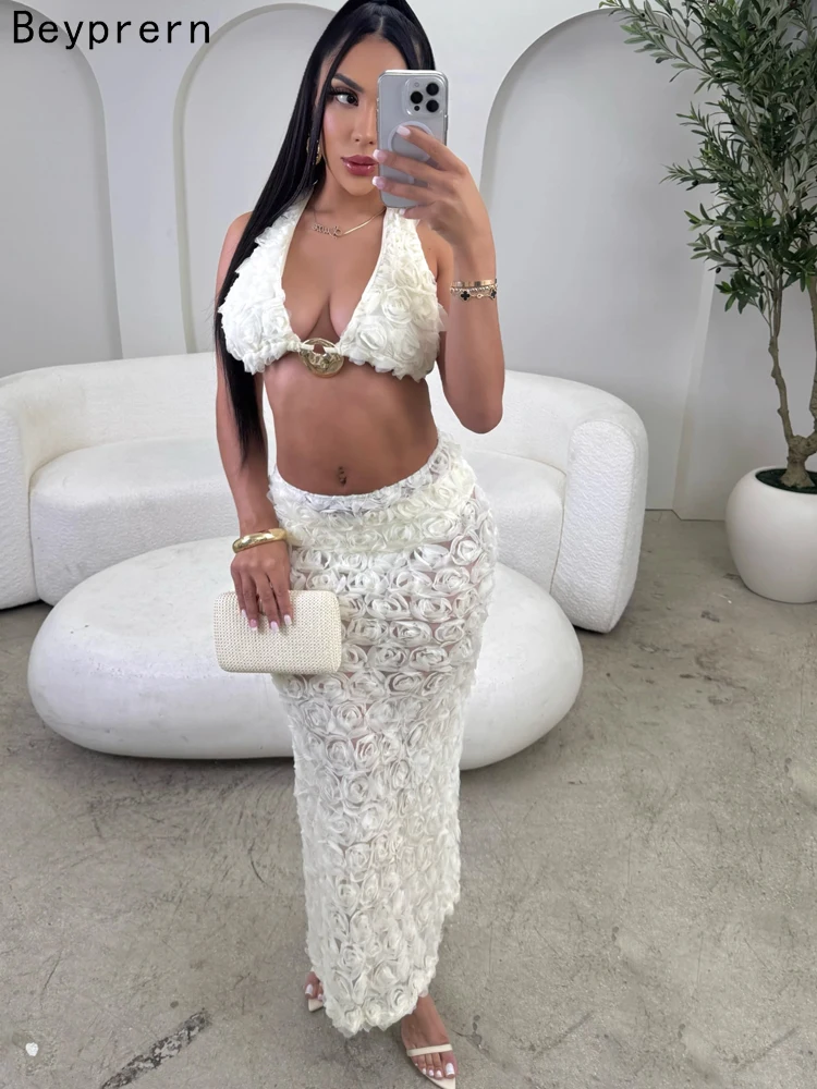 

Beyprern Elegant Apricot Flower Roses 3 Pc Set Holiday Outfits Glam Floral Embellished Bra Top And Maxi Skirt Set Beach Suit Set