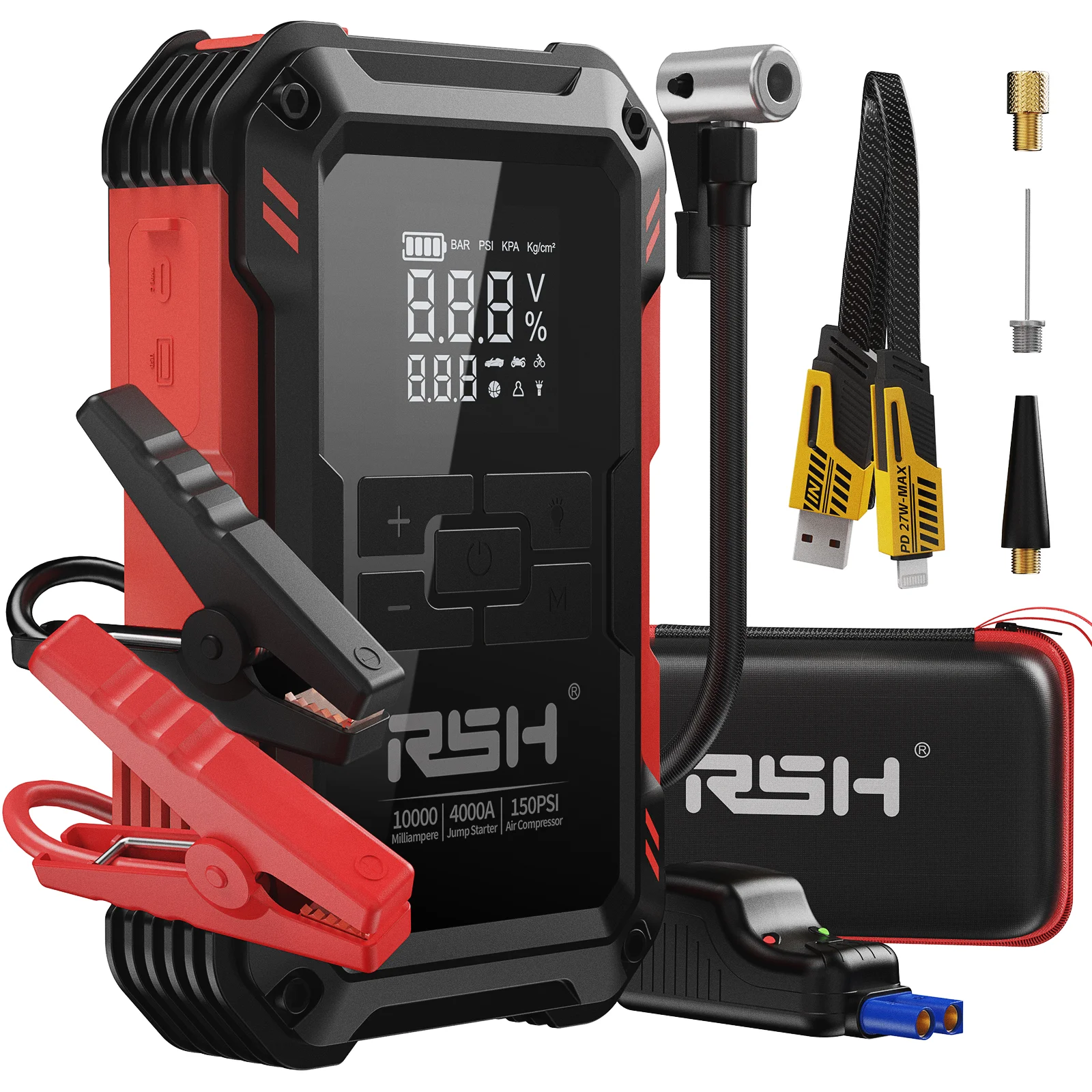 Tragbares Auto-Starthilfegerät mit eingebautem Reifenfüller, 150 PSI digitaler Luftpumpe, 14,8 V Auto-Batterie-Starthilfe, LED-SOS-Taschenlampe, 18W Schnellladegerät für Van, LKW, Motorboot.