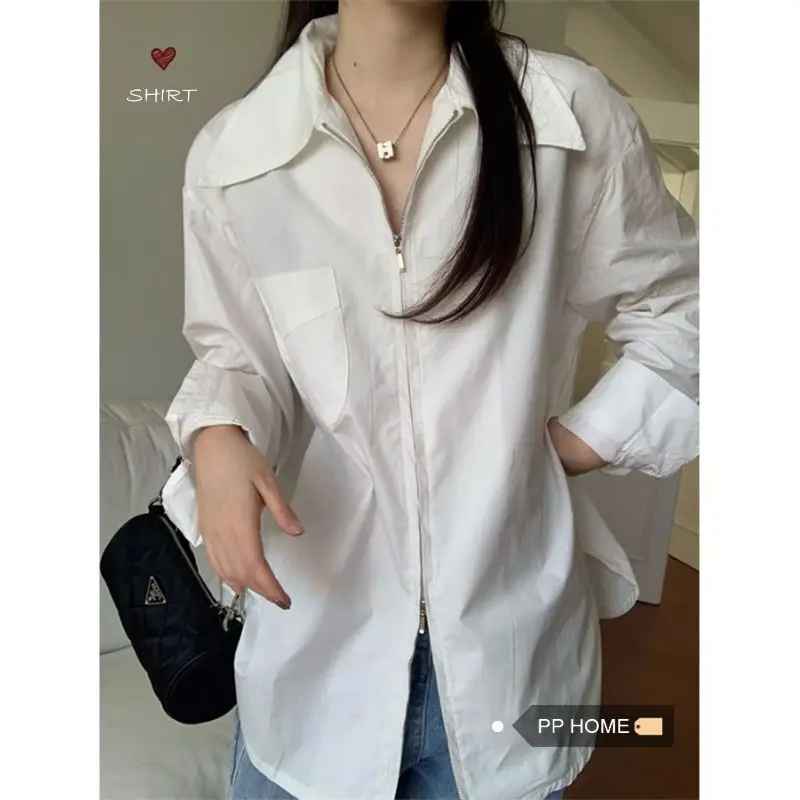 Pphome semplice e di nicchia ~ camicia a maniche lunghe allentata con cerniera a due vie retrò alla moda coreana