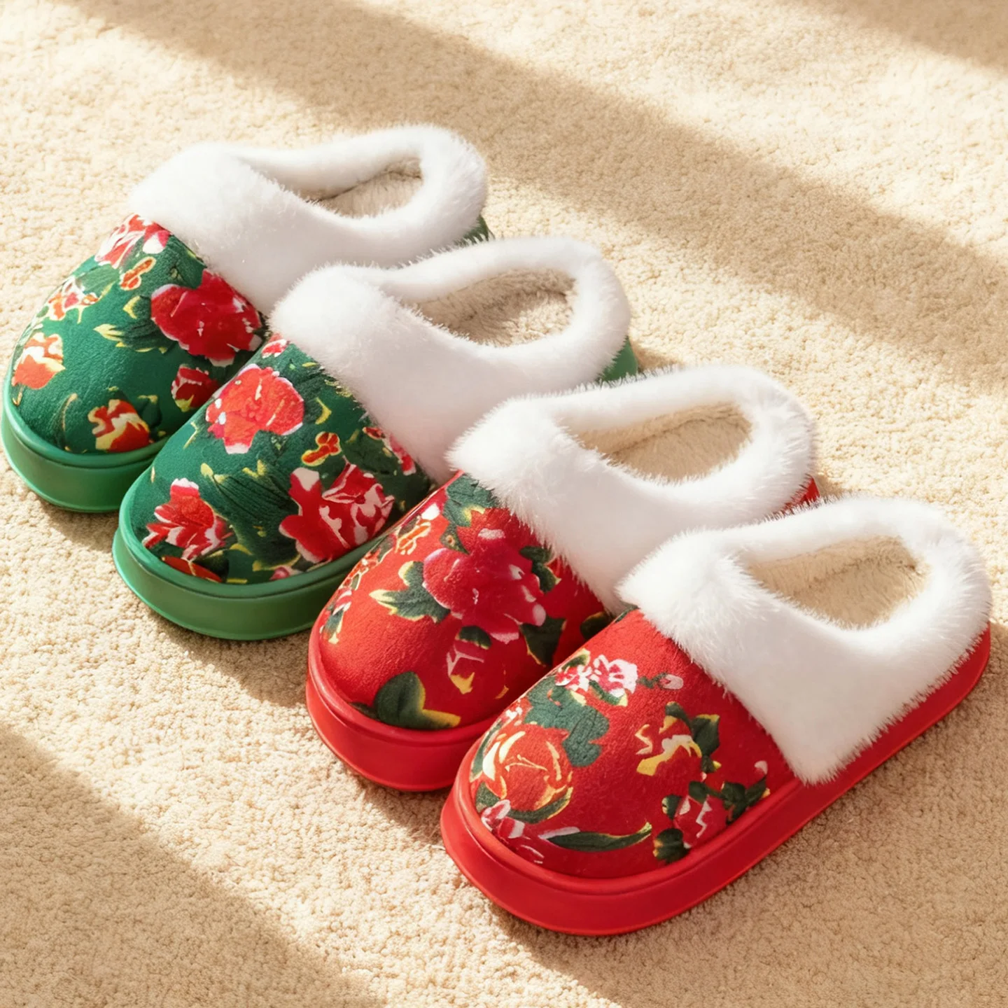 Chinese Traditional Floral Warm Slippers Winter Plush Lined Non-slip Home Footwear Soft Cozy Anti-odor Comfortable Fur Shoes