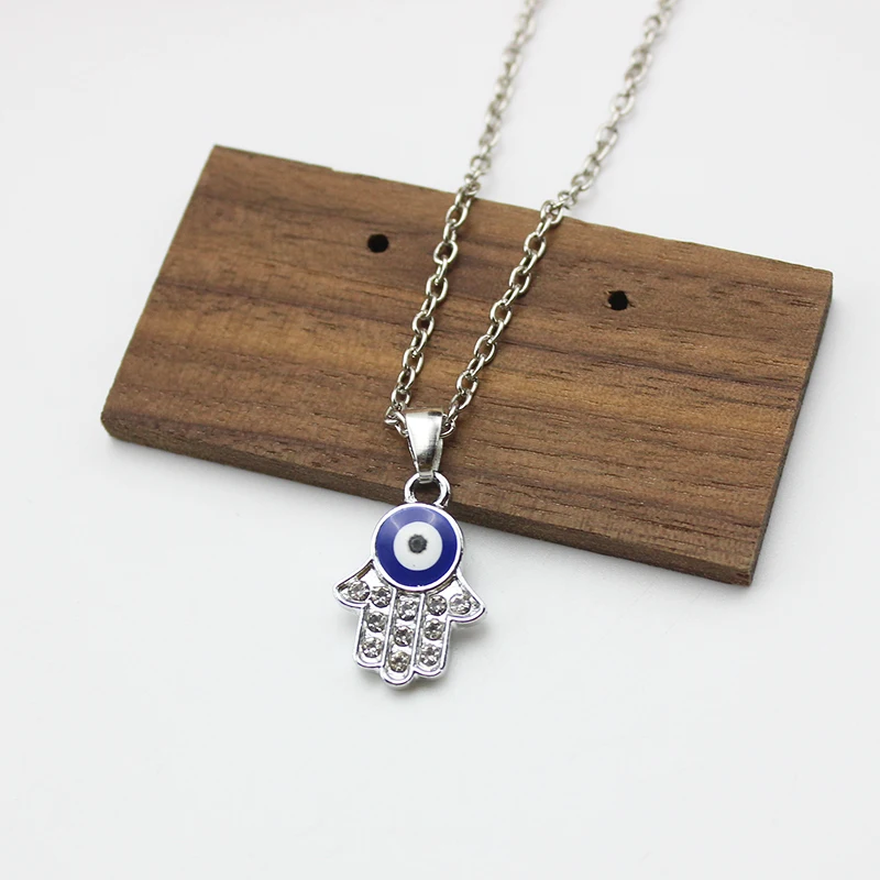 Korean Popular Crystal Fatima Enamel Palm Blue Evil Eye Pendant Fashion Chain Necklace Women Charm Clavicle Collar Jewelry Gift