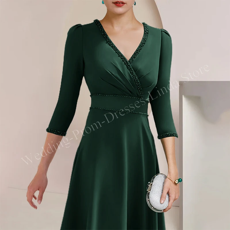 Elegant Mother of the Bride Dresses Velvet Beads V-Neck Half Sleeve Tea-Length Wedding Party Skirt for Women 2023 Evening Gala