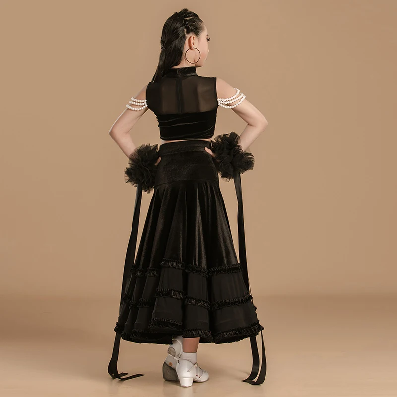 Vêtements de danse de salon pour filles, Costume de spectacle de danse Walrz, hauts en perles, jupe longue, vêtements de concours de danse de salle de bal BL14914