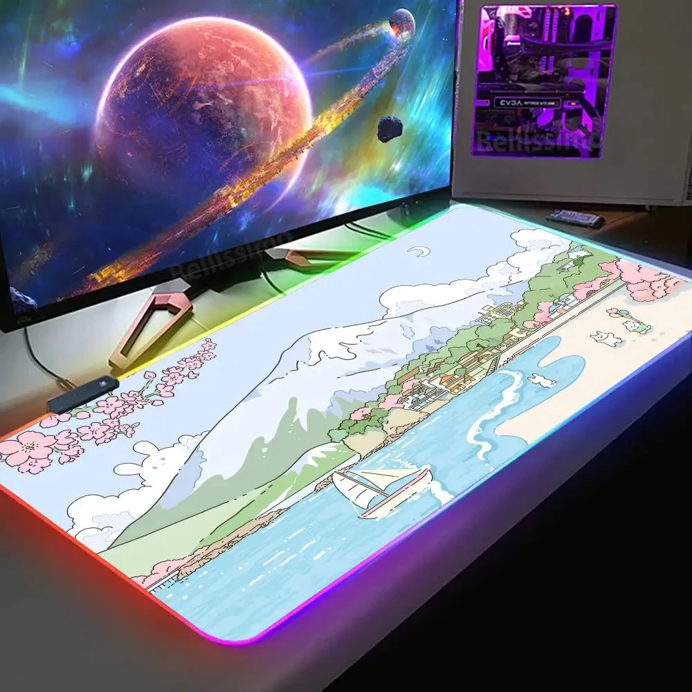 Large Size Gaming RGB Luminous MousePad XXL Green Plant Gamer Mouse Pad Size Office Long Desk Pad Kawaii Desk Teen Girls Bedroom