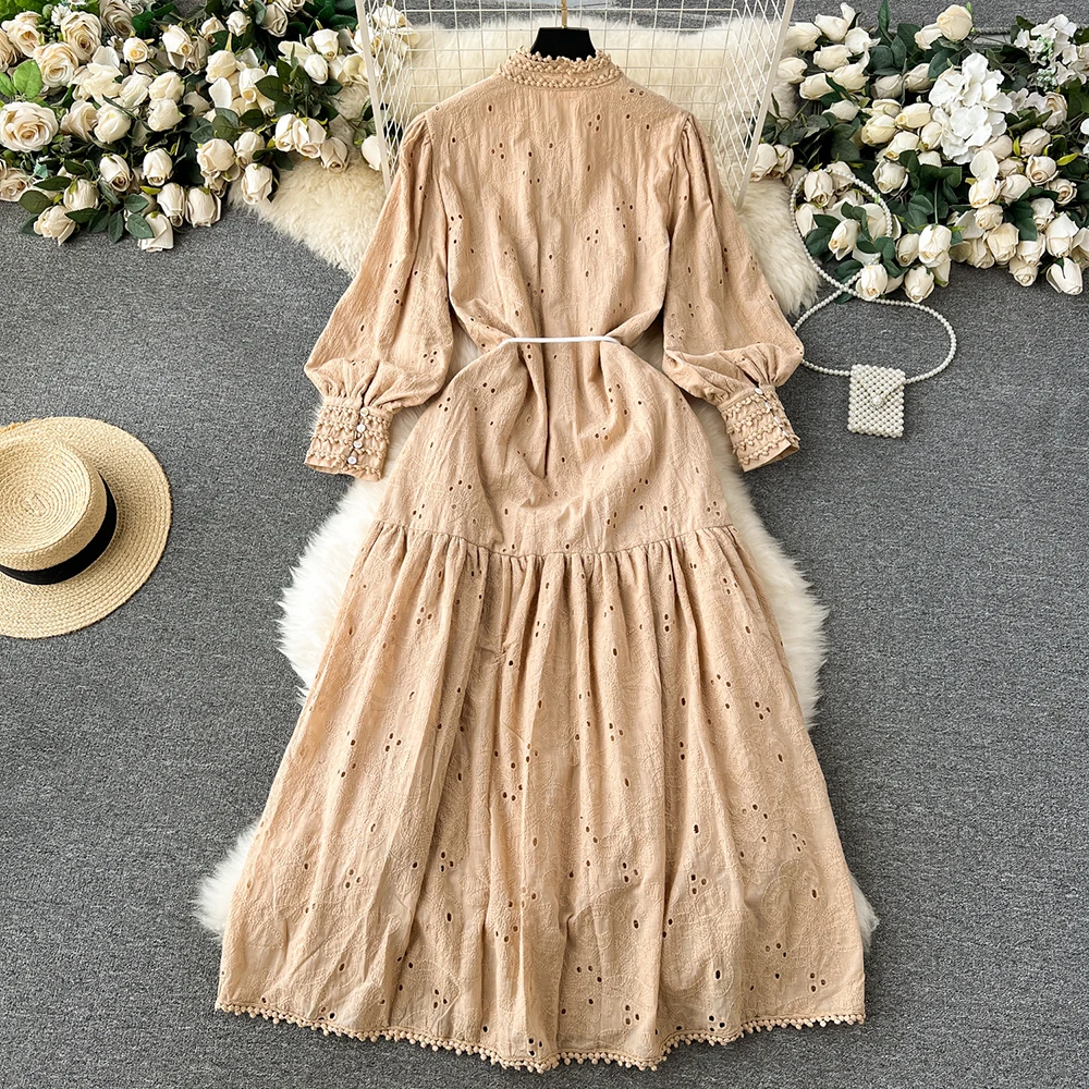 TWOTWINSTYLE Embroidery Spliced Lace Up Dress For Women Stand Collar Lantern Sleeve High Waist Elegant Dresses Female KDR518074